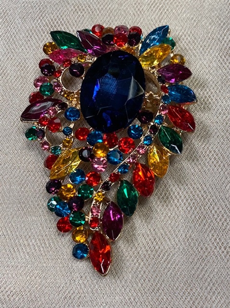 BRO-RHS-442-GOLDRAINBOW.  Gold Rainbow Rhinestone Brooch