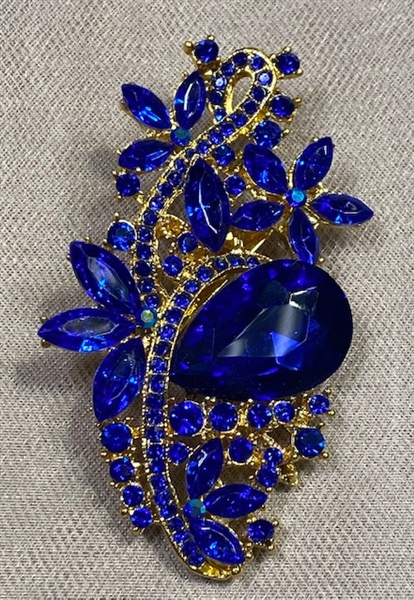 BRO-RHS-443-GOLDSAPPHIRE.  Gold Metal -  Sapphire Crystal Rhinestone Brooch