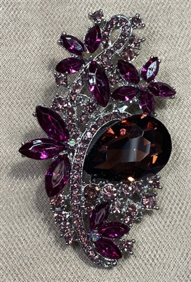 BRO-RHS-443-SILVERFUCHSIAPURPLE.  Silver Metal -  Fuchsia and Purple Crystal Rhinestone Brooch