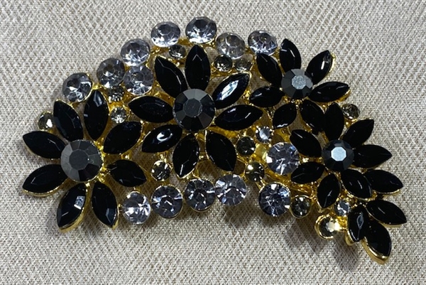 BRO-RHS-445-GOLDBLACKGREY.  Gold Black Grey Rhinestone Brooch