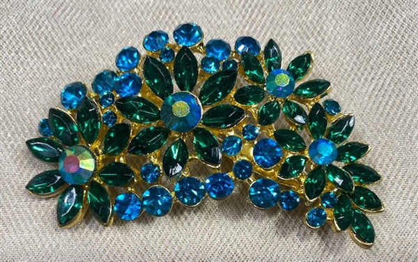 BRO-RHS-445-GOLDGREENBLUE.  Gold Green and Blue Rhinestone Brooch