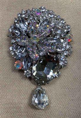 BRO-RHS-446-SILVERCRYSTAL.  Silver Clear Crystal w/ AB Stones Rhinestone Brooch
