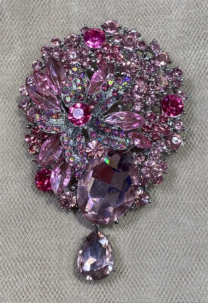BRO-RHS-446-SILVERPINK.  Silver Metal -Pink and AB Stones - Rhinestone Brooch