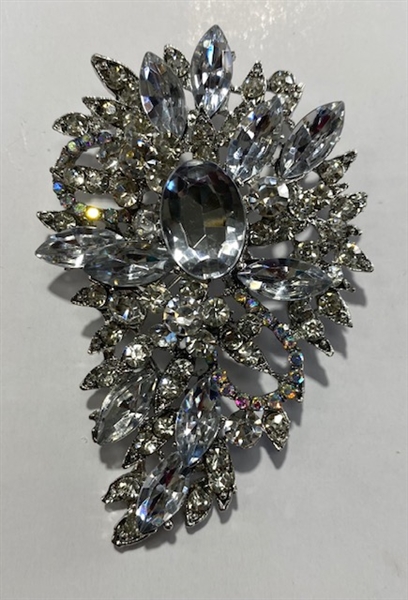 BRO-RHS-447-SILVERCRYSTAL.  Silver Clear Crystal w/ AB Stones Rhinestone Brooch