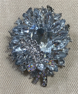 BRO-RHS-448-SILVERCRYSTAL.  Silver Metal - Clear Crystal Rhinestone Brooch
