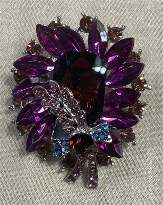 BRO-RHS-448-SILVERPURPLE.  Silver Metal - Purple Crystal Rhinestone Brooch
