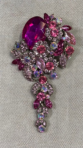 BRO-RHS-449-GOLDPINKFUCHSIA.  Gold Metal -  Pink and Fuchsia Rhinestone Brooch