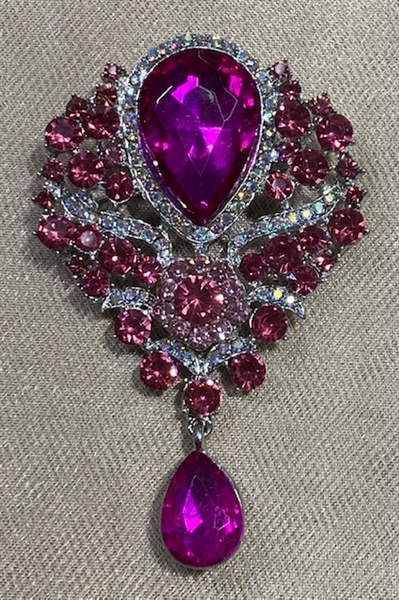 BRO-RHS-452-SILVERPINK.  Silver Metal -  Pink Crystal Rhinestone Brooch