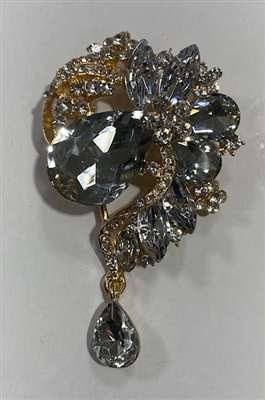 BRO-RHS-453-GOLDCRYSTAL.  Gold Metal -  Clear Crystal Rhinestone Brooch