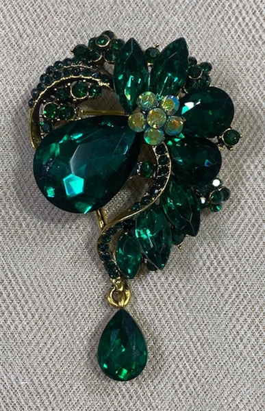 BRO-RHS-453-GOLDGREEN.  Gold Metal -  Green Crystal Rhinestone Brooch