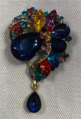 BRO-RHS-453-GOLDRAINBOW.  Gold Metal -  Multi-Color Rainbow Crystal Rhinestone Brooch