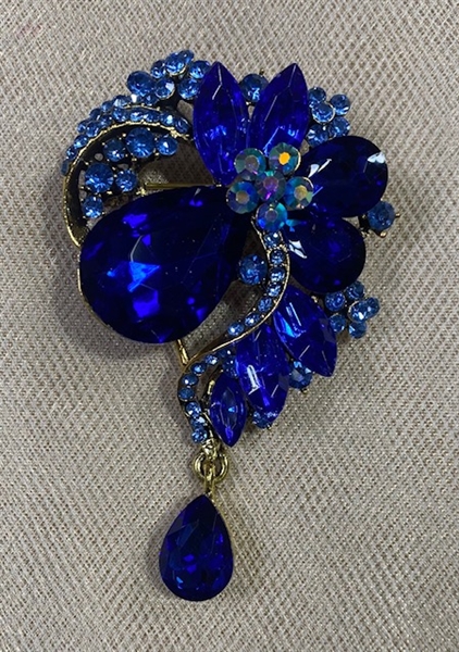 BRO-RHS-453-GOLDSAPPHIRE.  Gold Metal -  Sapphire Crystal Rhinestone Brooch