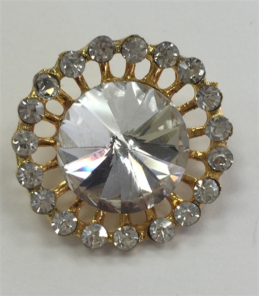 Rhinestone Button with Clear Crystal Stone in the Center Surrounded by Clear Crystals on Gold Metal