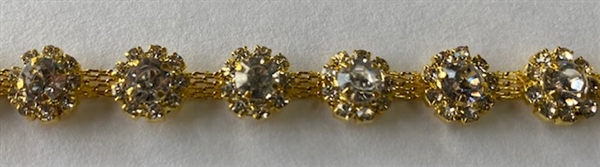 CHN-RHS-001-CLEARGOLD.  CLEAR CRYSTAL RHINESTONE ON GOLD CHAIN - 3/8 INCH WIDE
