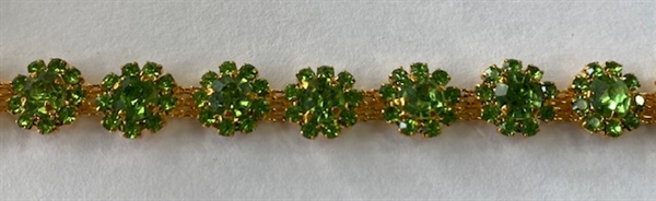 CHN-RHS-001-GREENGOLD.  APPLE GREEN CRYSTAL RHINESTONE ON GOLD CHAIN - 3/8 INCH WIDE