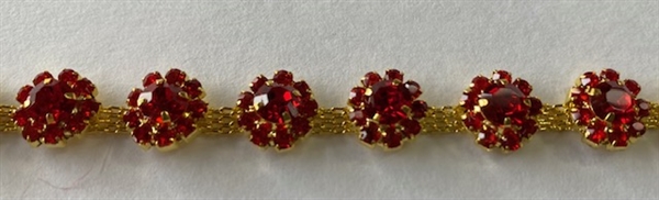 CHN-RHS-001-REDGOLD.  RED CRYSTAL RHINESTONE ON GOLD CHAIN - 3/8 INCH WIDE