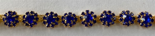 CHN-RHS-001-ROYALBLUEGOLD.  ROYAL BLUE CRYSTAL RHINESTONE ON GOLD CHAIN - 3/8 INCH WIDE
