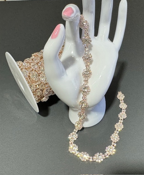 CHN-RHS-004-CLEARROSEGOLD.  CLEAR CRYSTAL RHINESTONE ON ROSE GOLD CHAIN - 3/8 INCH WIDE