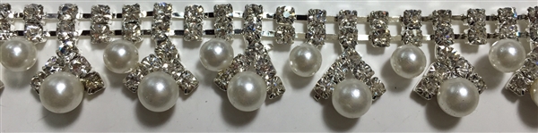 CHN-RHS-032-SILVER. CRYSTAL RHINESTONE AND PEARLS ON SILVER CHAIN - 0.5 INCH
