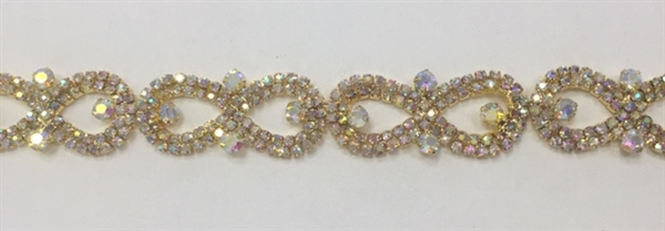 CHN-RHS-044-ABGOLD.  AB CRYSTAL RHINESTONE CHAIN ON GOLD FRAME - 5/8 INCH WIDE