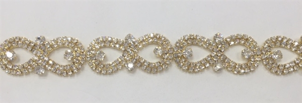 CHN-RHS-044-CLEARGOLD.  CLEAR CRYSTAL RHINESTONE CHAIN ON GOLD FRAME - 5/8 INCH WIDE