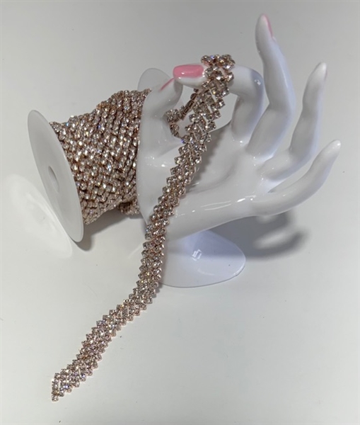 CHN-RHS-045-CLEARROSEGOLD.  CLEAR CRYSTAL RHINESTONE ON ROSE GOLD CHAIN - 5/8 INCH WIDE