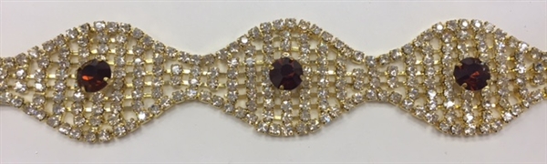 CHN-RHS-047-GOLDAMETHYST.  Clear Crystal and Amethyst Rhinestones on Gold Metal Chain - 1 Inch Wide