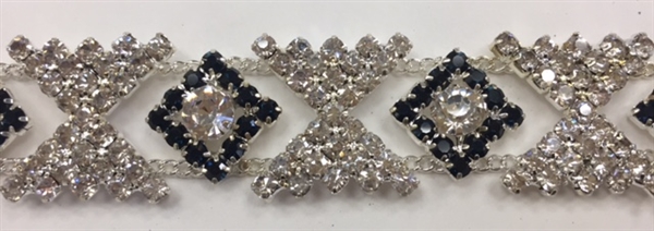 CHN-RHS-048-SILVERBLACK.  Clear Crystal and Black Rhinestones on Silver Metal Chain - 5/8 Inch Wide