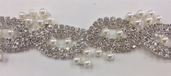 CHN-RHS-049-SILVERPEARL.  Clear Crystal Rhinestones With White Pearls on Silver Metal Chain - 1 Inch Wide