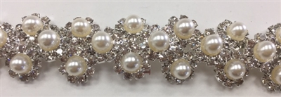 CHN-RHS-050-SILVERPEARL.  Clear Crystal Rhinestones With White Pearls on Silver Metal Chain - 3/4 Inch Wide