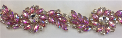 CHN-RHS-051-ABPINKGOLD.  AB Pink Crystal Rhinestones on Gold Metal Chain - 1.5 Inch Wide