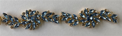 CHN-RHS-051-AQUAGOLD.  Aqua Crystal Rhinestones on Gold Metal Chain - 1.5 Inch Wide