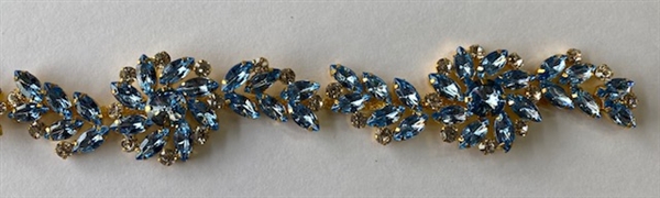 CHN-RHS-051-AQUAGOLD.  Aqua Crystal Rhinestones on Gold Metal Chain - 1.5 Inch Wide