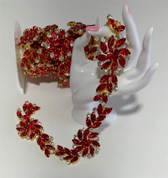 CHN-RHS-051-REDGOLD.  Red Crystal Rhinestones on Gold Metal Chain - 1.5 Inch Wide