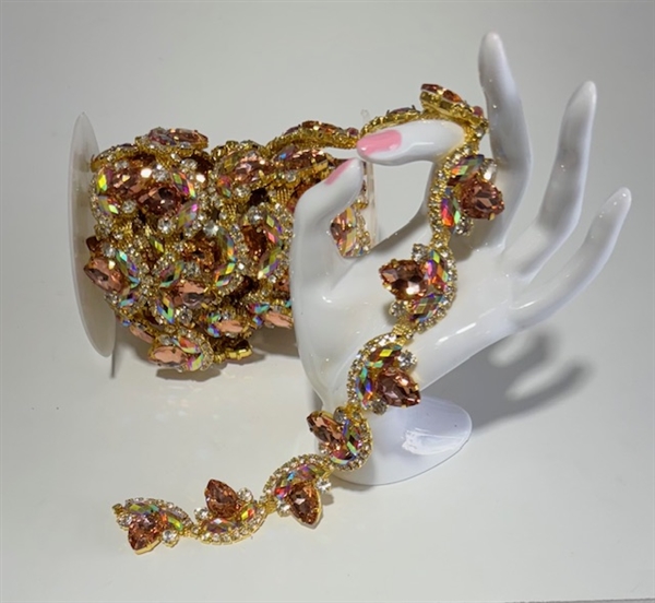 CHN-RHS-052-PEACHGOLD.  Peach and Clear Crystal Rhinestones on Gold Metal Chain - 1.5 Inch Wide