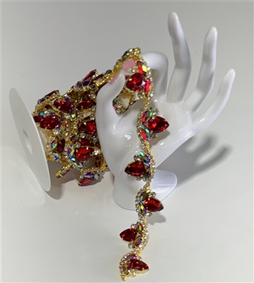 CHN-RHS-052-RED. Red and Clear Crystal Rhinestones on Gold Metal Chain - 1.5 Inch Wide