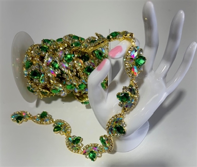 CHN-RHS-052S-GREENGOLD. Green and Clear Crystal Rhinestones on Gold Metal Chain - 1 Inch Wide