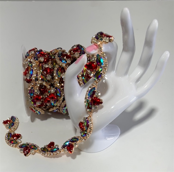 CHN-RHS-052S-REDGOLD. Red and Clear Crystal Rhinestones on Gold Metal Chain - 1 Inch Wide