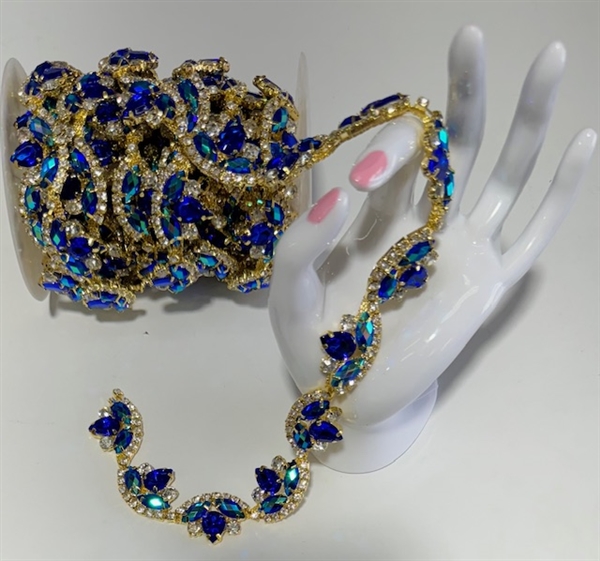 CHN-RHS-052S-ROYALBLUEGOLD. Royal Blue and Clear Crystal Rhinestones on Gold Metal Chain - 1 Inch Wide
