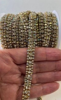 CHN-RHS-053-3ROWS-GOLDAB. Multi-Color AB Crystal Rhinestones on Gold Metal Chain - 3/8" Inch Wide