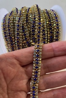 CHN-RHS-053-3ROWS-GOLDROYAL. Royal-Color Crystal Rhinestones on Gold Metal Chain - 3/8" Inch Wide