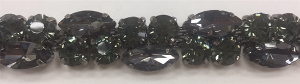 CHN-RHS-057-DARKGREENGREY. Dark Green and Grey Crystal Rhinestone Chain - Crystals Set in a Claw on a Black Metal Backing - 1/2 Inch Wide