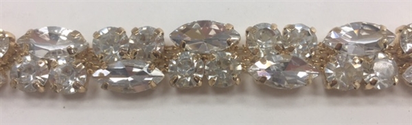 CHN-RHS-057-GOLD. Clear Crystal Rhinestone Chain - Clear Crystals Set in a Gold Claw on a Gold Metal Backing - 1/2 Inch Wide
