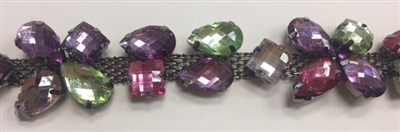 CHN-RHS-059-BLACK. Multi-Color Crystal Rhinestone Chain - Multi-Color Crystals Set in a Black Claw on a Black Metal Backing - 0.75 Inch Wide
