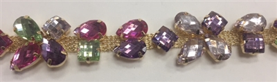 CHN-RHS-059-GOLD. Multi-Color Crystal Rhinestone Chain - Multi-Color Crystals Set in a Gold Claw on a Gold Metal Backing - 0.75 Inch Wide