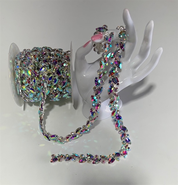 CHN-RHS-062-AB. AB Crystal Rhinestone Chain - AB Crystals Set in Silver Claws on a Silver Metal Backing - 5/8 Inch Wide
