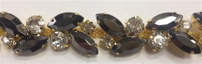 CHN-RHS-062-GOLD. Clear and Black Crystal Rhinestone Chain - Clear and Black Crystals Set in Gold Claws on a Gold Metal Backing - 5/8 Inch Wide