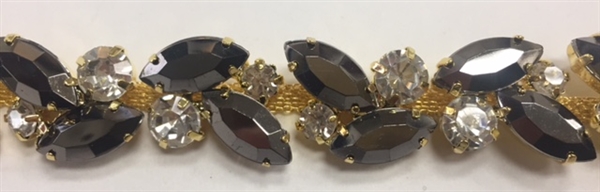 CHN-RHS-062-GOLD. Clear and Black Crystal Rhinestone Chain - Clear and Black Crystals Set in Gold Claws on a Gold Metal Backing - 5/8 Inch Wide