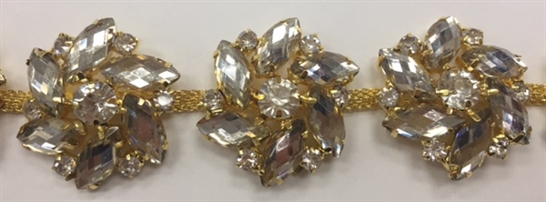 CHN-RHS-063-GOLD. Clear Crystal Rhinestone Chain - Clear Crystals Set in Gold Claws on a Gold Metal Backing - 1.25 Inch Wide