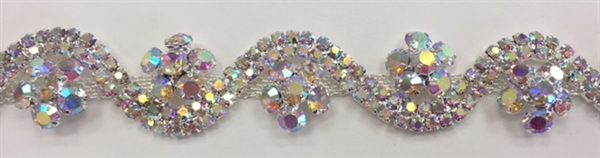 CHN-RHS-065-AB. AB RHINESTONE ON SILVER METAL CHAIN - 3/4 INCH WIDE - PRICE IS PER YARD